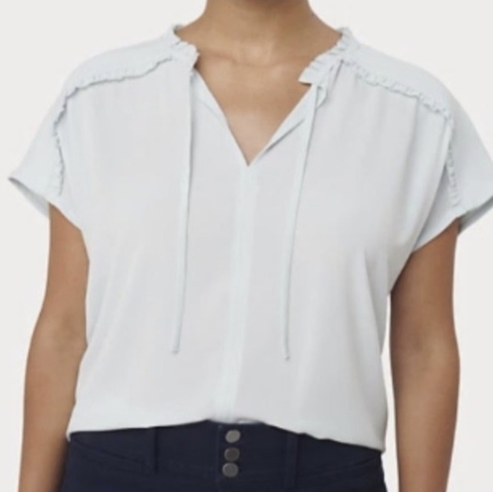 Loft Mixed Media Shoulder Ruffle Misty Blue Blouse Top